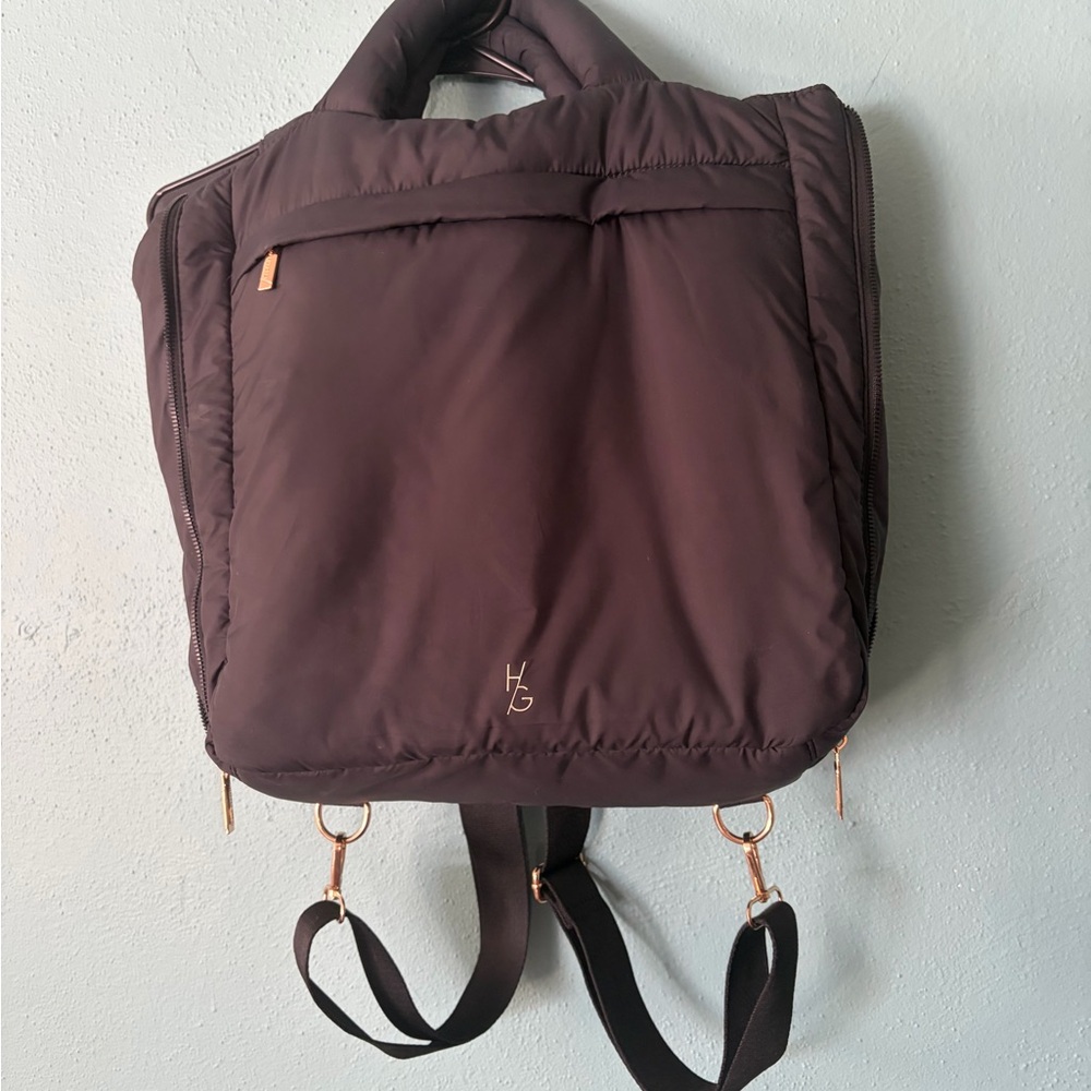 Black puffer Happily Grey Backpack with Gold Accents